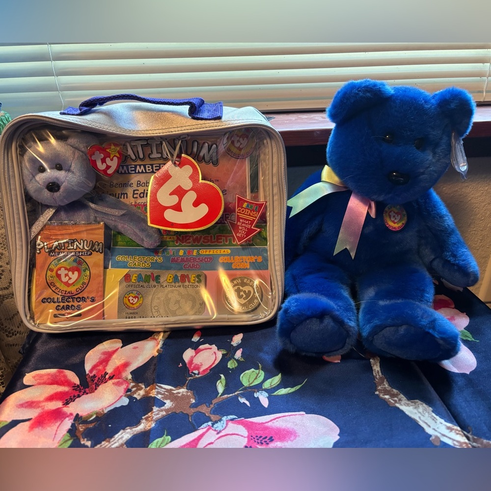 Ty Blue Teddy Bear with Platinum Members Collector's Set